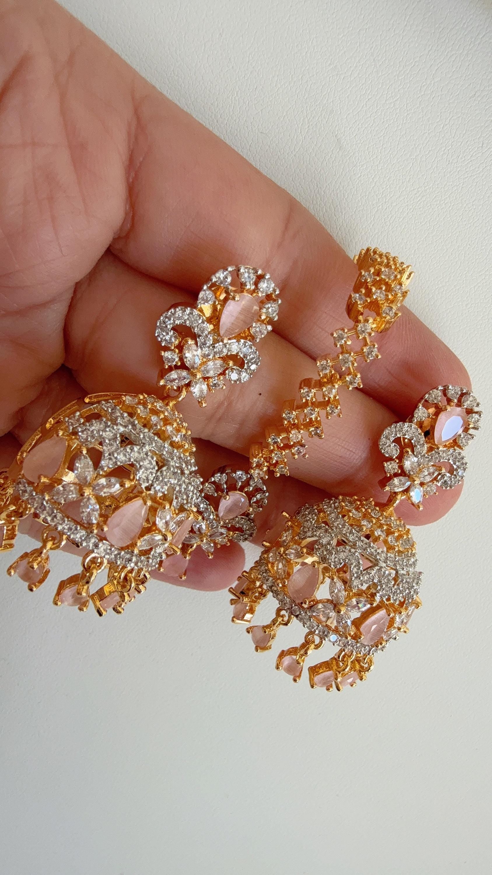 2 Tone Gold Baby Pink diamond CZ earrings and Mang tika set/ Diamond Ruby Maang tikka earring set / Baby Pink Indian jewelry/