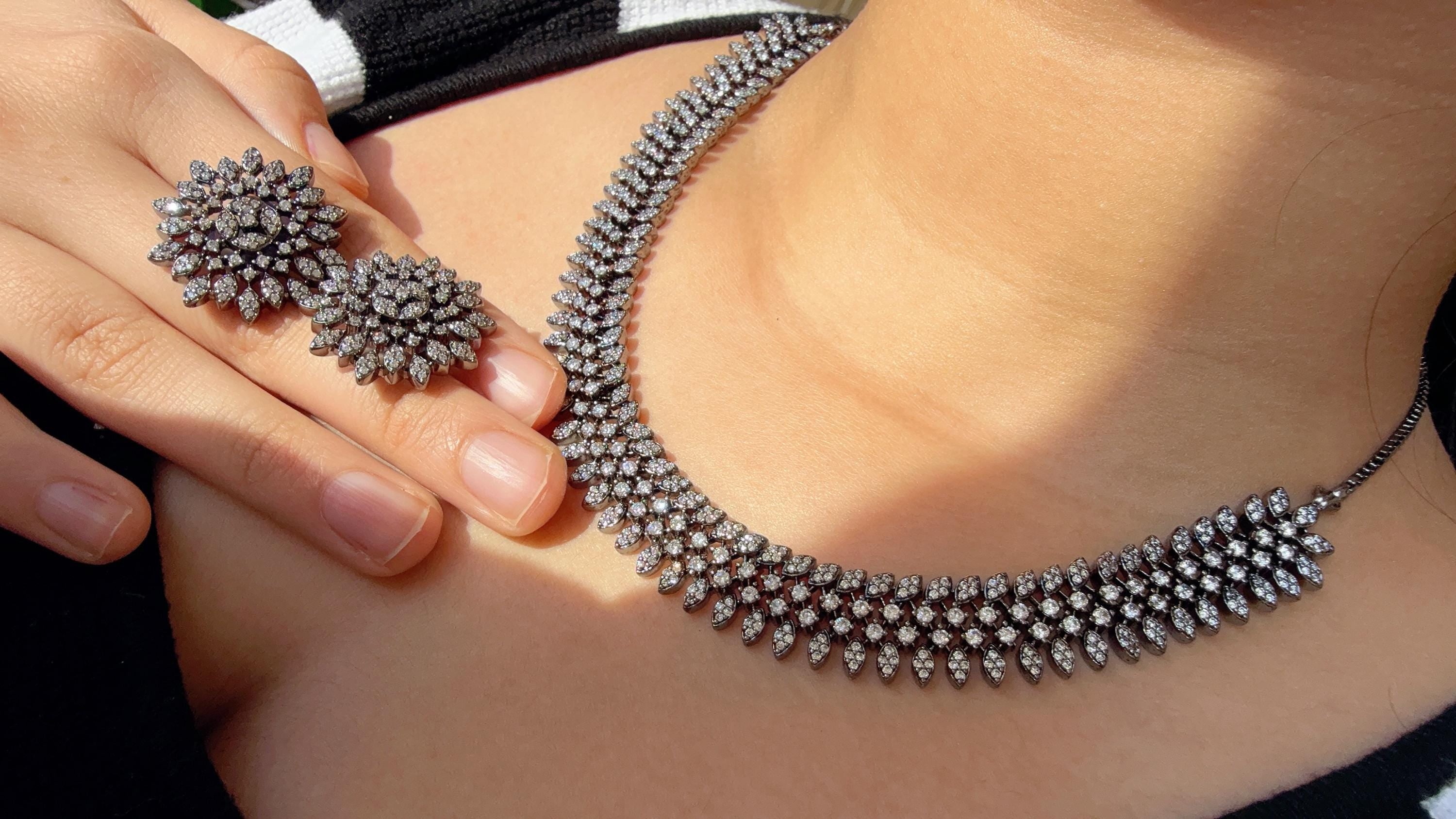 Black Rhodium Finish diamond choker /Indian jewelry/ CZ Choker/Bridal choker/ Indian Necklace/Black Rhodium Finish Choker Necklace