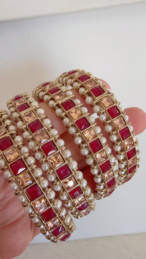 Ruby Kundan Bangles/Polki Kundan Pearl Bangles Set(4 Pc) /Indian Jewelry/ Kundan Bangles/Ruby kundan bangles/Indian Bangles
