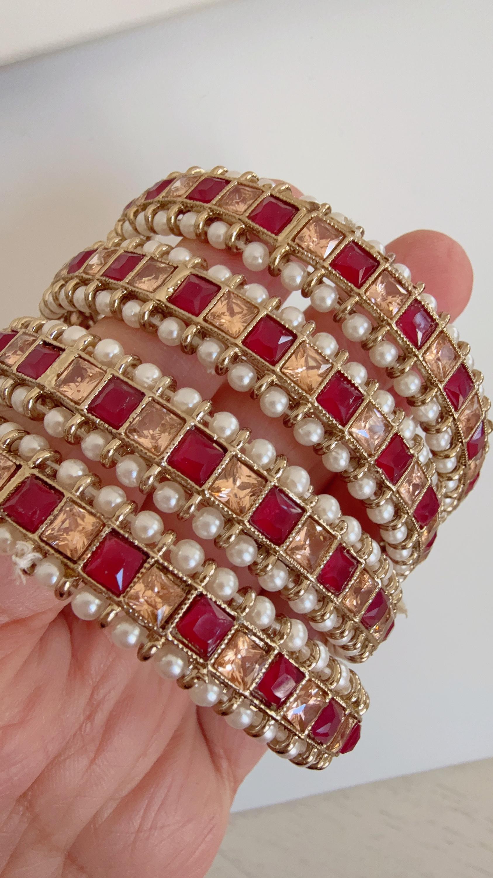Ruby Kundan Bangles/Polki Kundan Pearl Bangles Set(4 Pc) /Indian Jewelry/ Kundan Bangles/Ruby kundan bangles/Indian Bangles