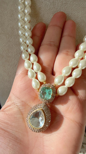 Gold Finish Emerald Stone & Pearl Long Necklace Set/Moissanite Kundan Mala green Necklace Set/Sabyasachi Inspired Moissanite necklace set
