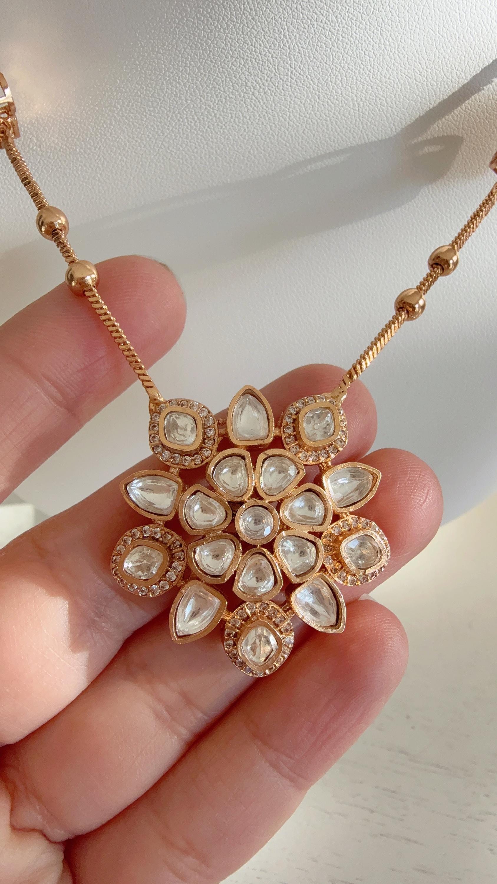 Premium Moissanite Pendant Set/Kundan Stone long chain Necklace/ Indian Bridal Jewelry/Uncut Moissanite Polki Kundan Wedding Jewelry