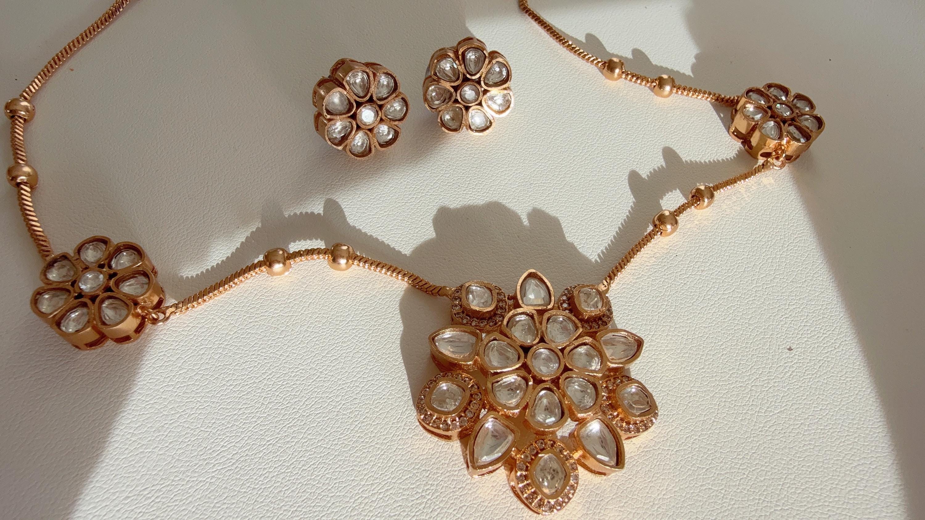 Premium Moissanite Pendant Set/Kundan Stone long chain Necklace/ Indian Bridal Jewelry/Uncut Moissanite Polki Kundan Wedding Jewelry