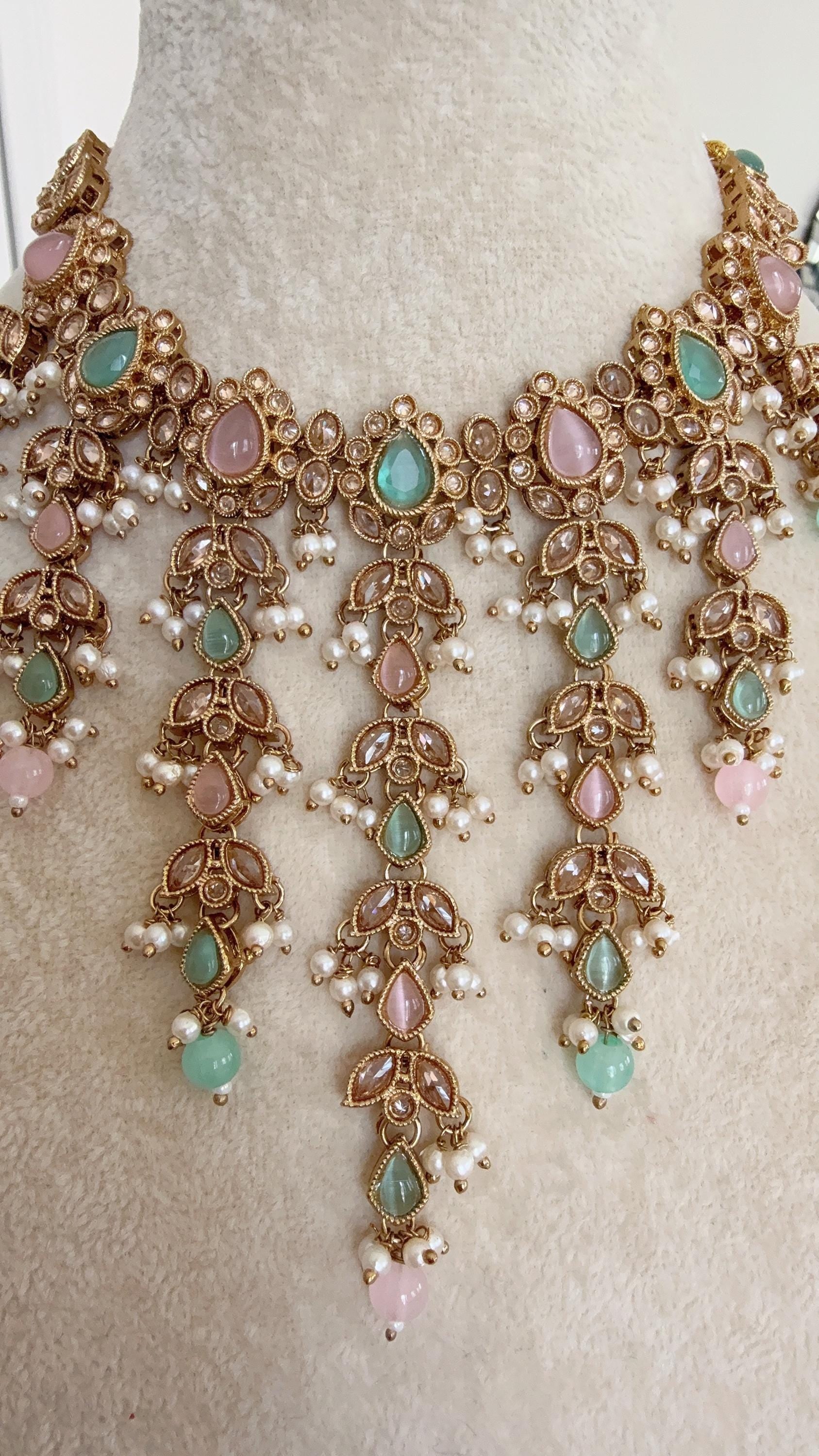 Antique Mint Pink kundan Polki Kundan necklace Set /bridal necklace/Indian wedding jewelry/Bridal necklace set/wedding Necklace
