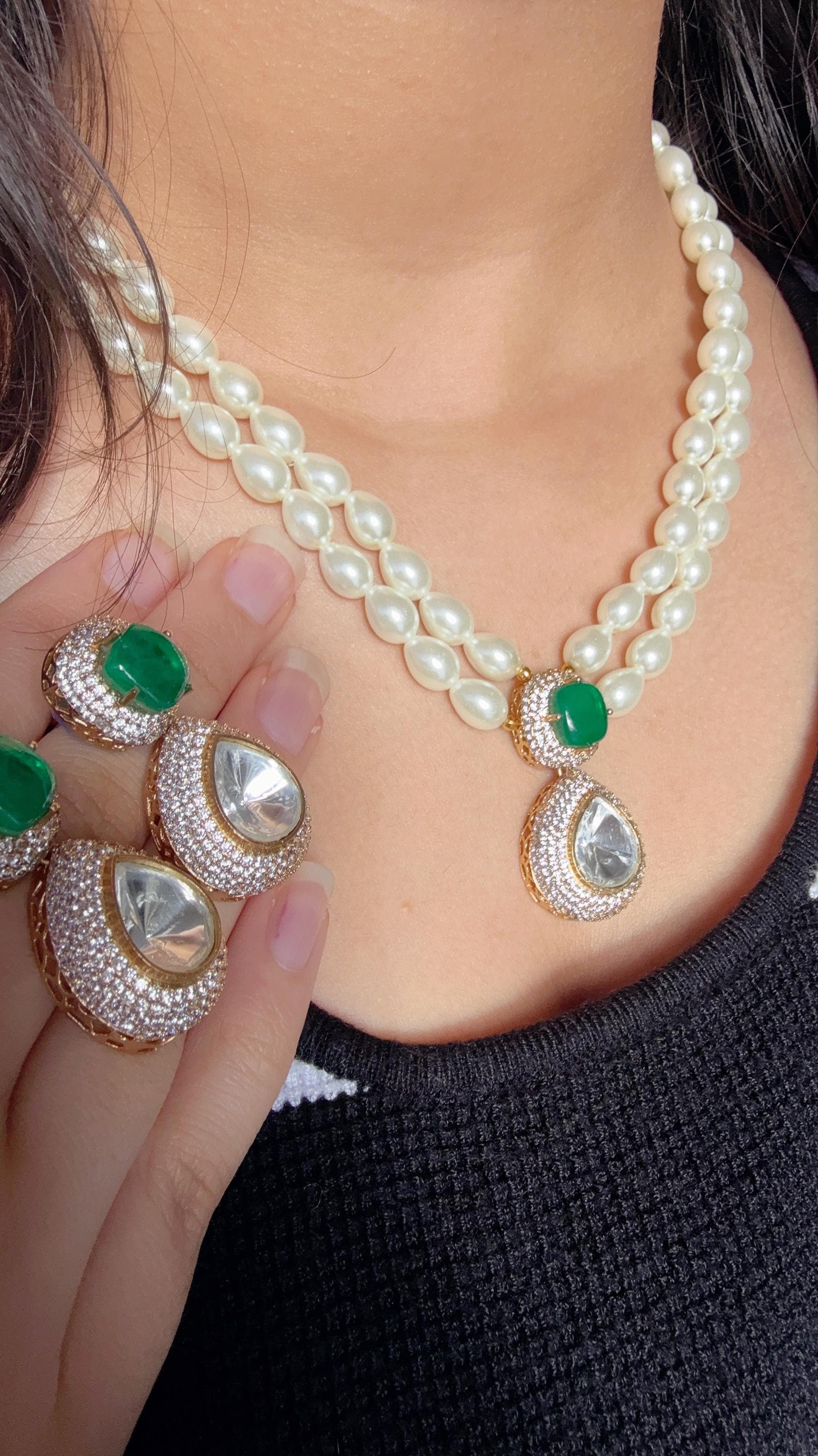 Gold Finish Emerald Stone & Pearl Long Necklace Set/Moissanite Kundan Mala green Necklace Set/Sabyasachi Inspired Moissanite necklace set