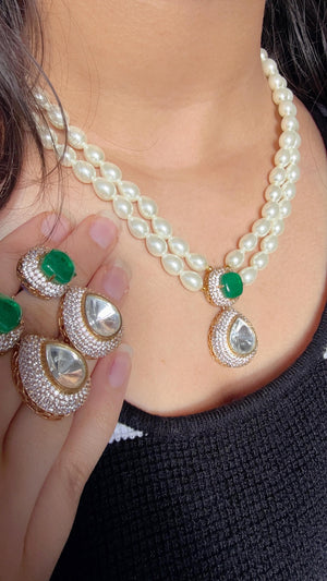 Gold Finish Emerald Stone & Pearl Long Necklace Set/Moissanite Kundan Mala green Necklace Set/Sabyasachi Inspired Moissanite necklace set