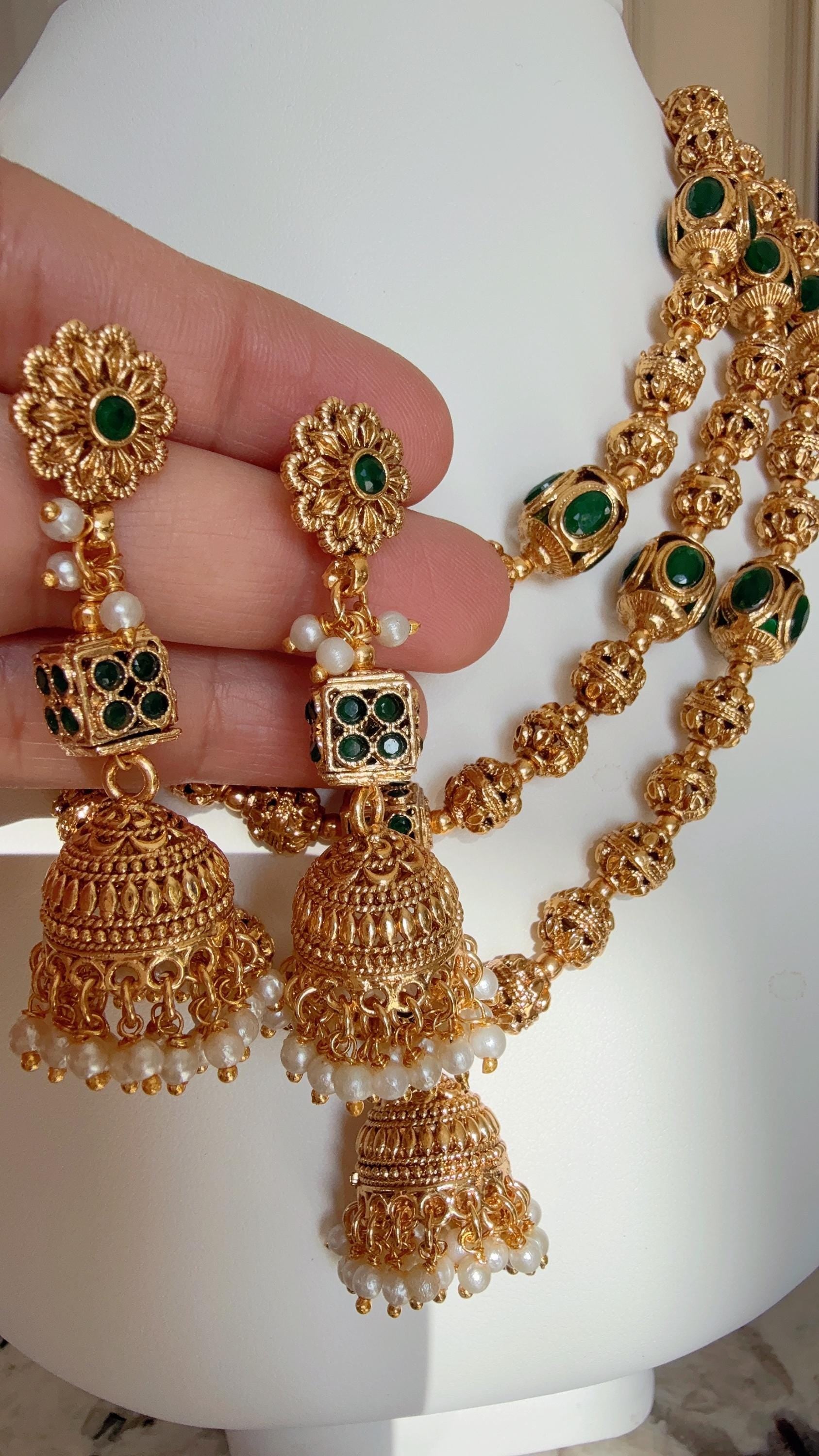 3 Layer Indian necklace / Gold Ball green Necklace/Long Gold necklace/Beaded gold chain/Matar Mala/Bridal Indian necklace/Gold necklace