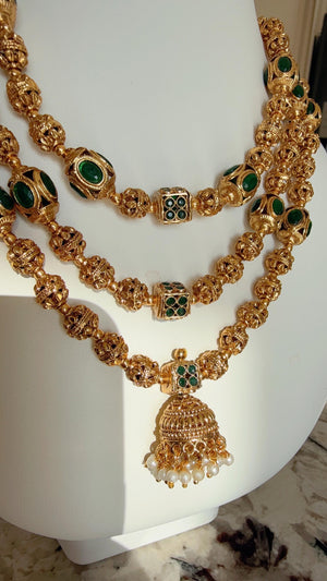 3 Layer Indian necklace / Gold Ball green Necklace/Long Gold necklace/Beaded gold chain/Matar Mala/Bridal Indian necklace/Gold necklace