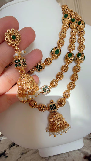 3 Layer Indian necklace / Gold Ball green Necklace/Long Gold necklace/Beaded gold chain/Matar Mala/Bridal Indian necklace/Gold necklace