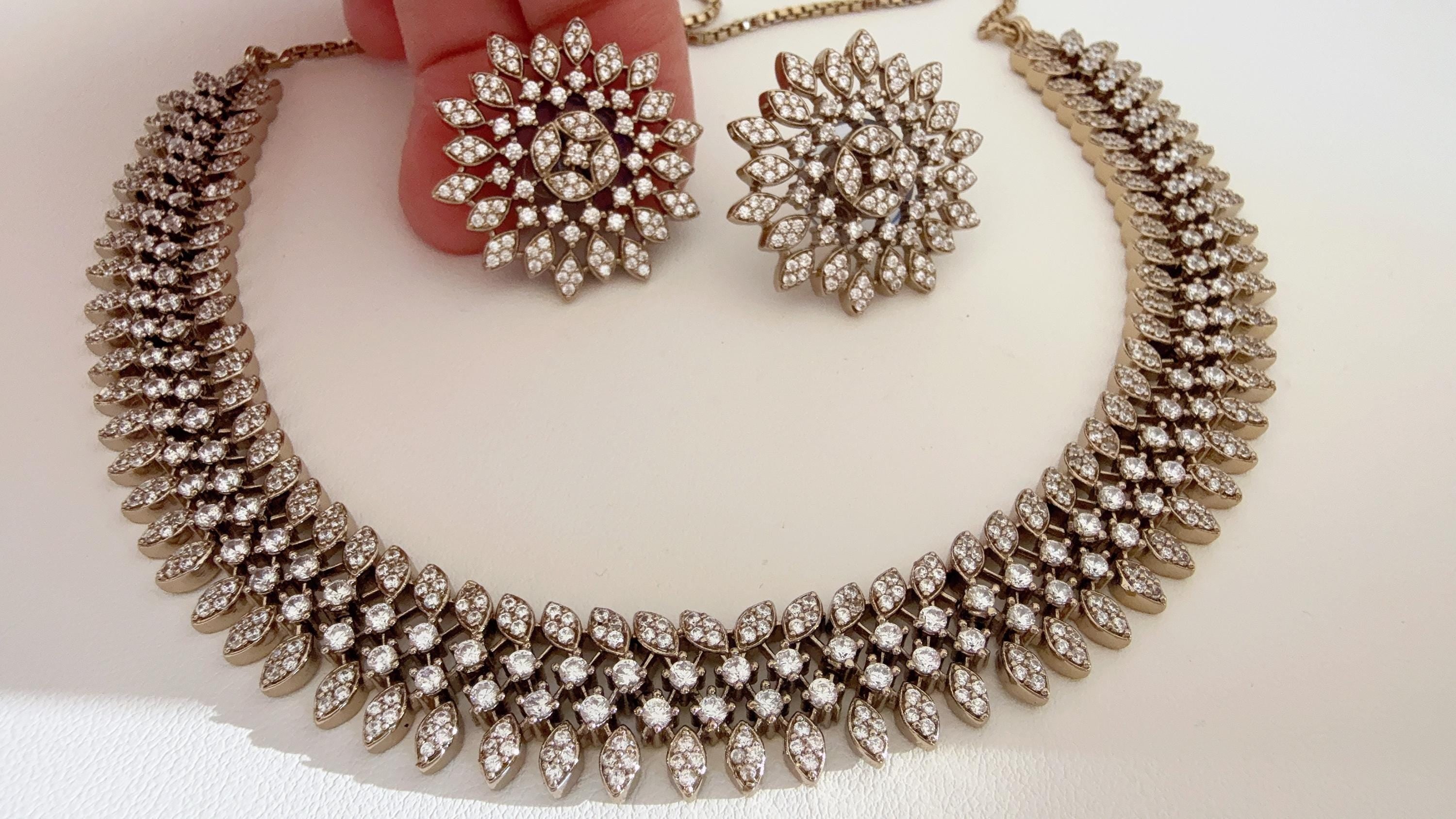 Antique Gold Necklace diamond choker /Indian jewelry/ CZ Choker/Bridal choker/ Indian Necklace/Antique diamond choker