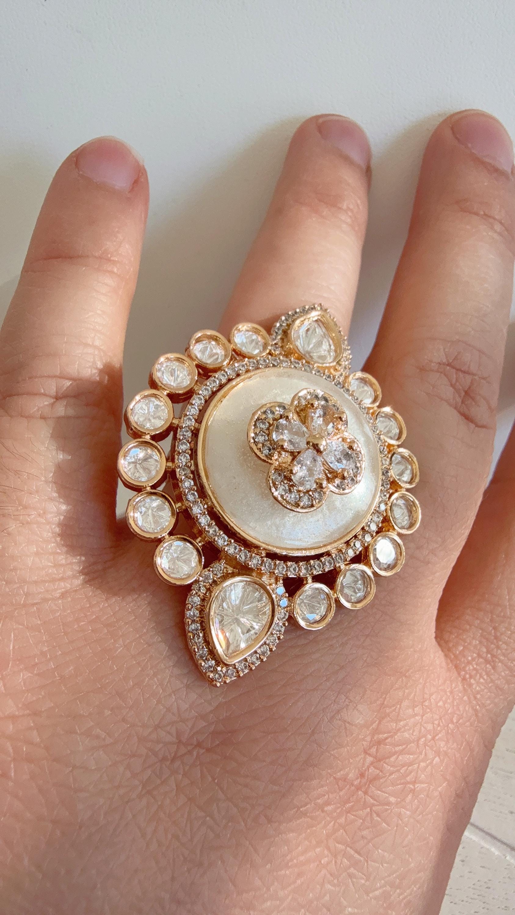 Bridal Kundan Moissanite Gold diamond Ring/Moissanite Mother of Pearl Gold Ring/ Kundan Statement Gold Ring /Indian Wedding jewelry/