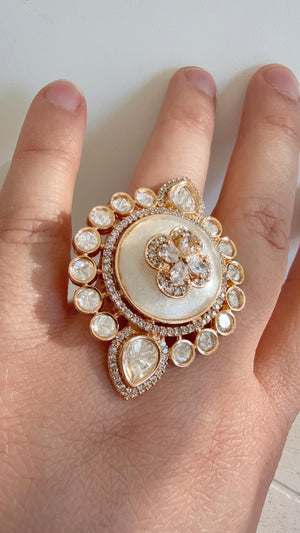 Bridal Kundan Moissanite Gold diamond Ring/Moissanite Mother of Pearl Gold Ring/ Kundan Statement Gold Ring /Indian Wedding jewelry/