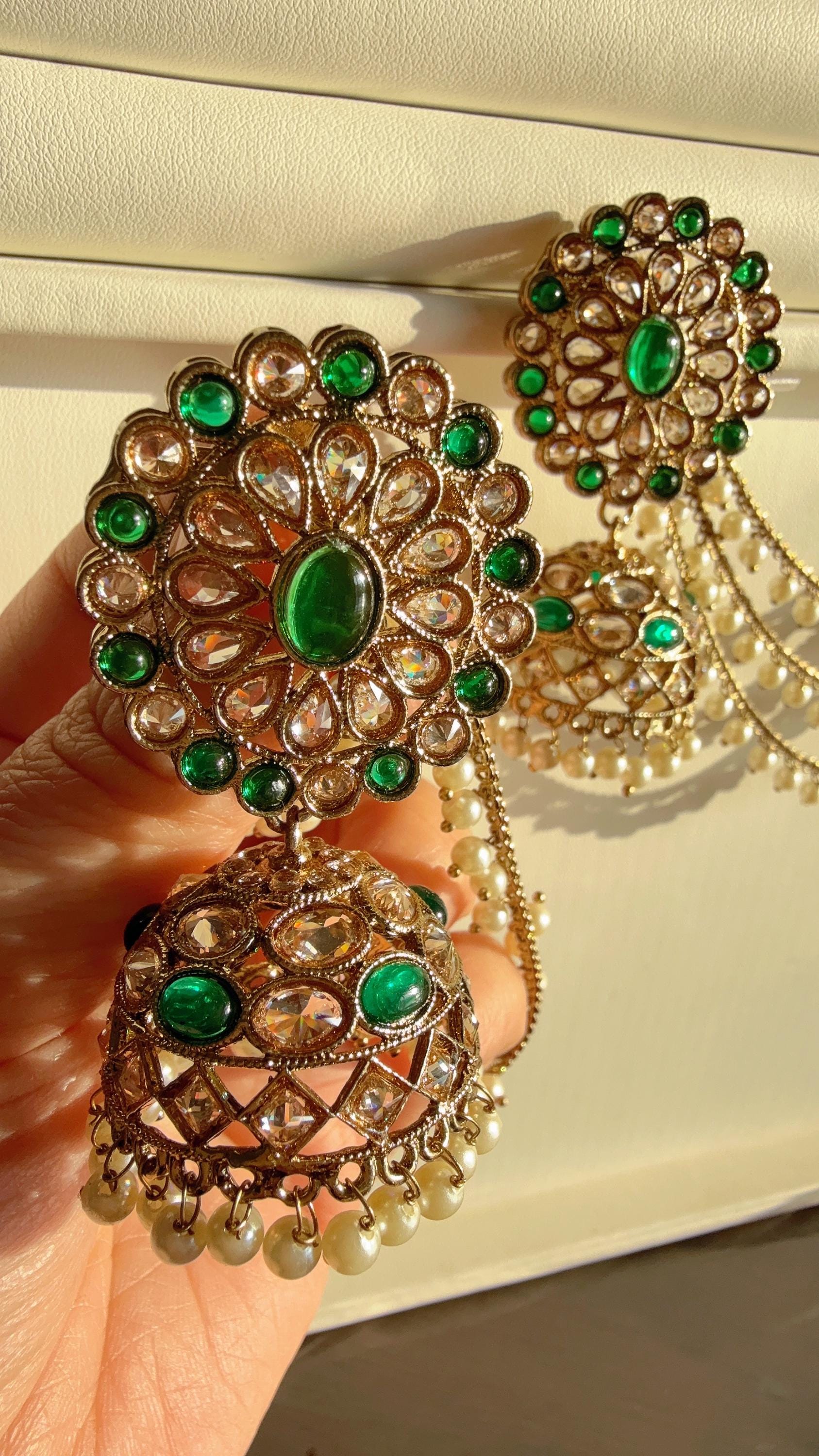 Antique polki Kundan bahubali Green Earrings Set With detachable Earchain Sahare / Green Jhumka Polki Earrings / Indian Jewelry