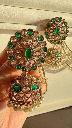 Antique polki Kundan bahubali Green Earrings Set With detachable Earchain Sahare / Green Jhumka Polki Earrings / Indian Jewelry