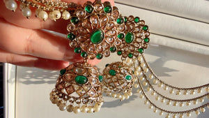 Antique polki Kundan bahubali Green Earrings Set With detachable Earchain Sahare / Green Jhumka Polki Earrings / Indian Jewelry