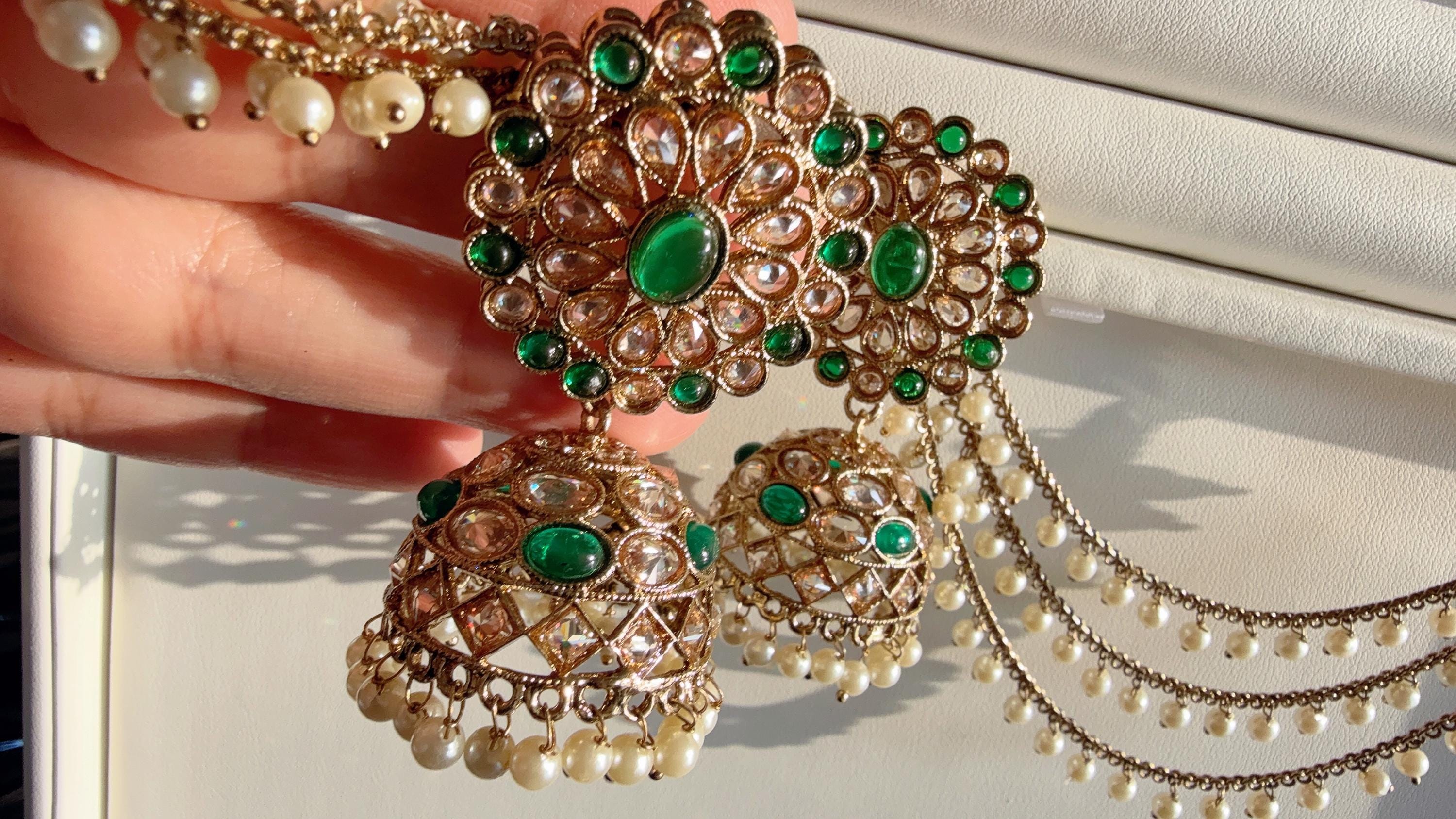 Antique polki Kundan bahubali Green Earrings Set With detachable Earchain Sahare / Green Jhumka Polki Earrings / Indian Jewelry