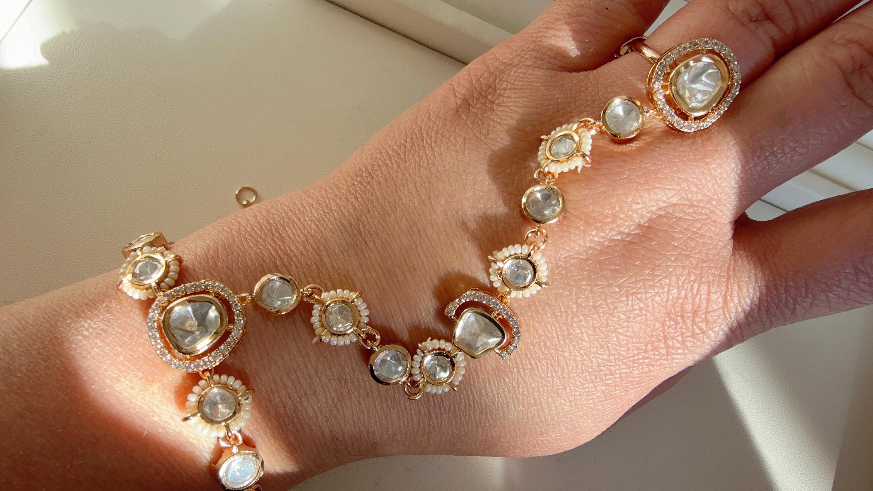 Moissanite diamond Hathphool /Diamond pearl hand harness/Indian Jewelry/Hand Jewelry/single Haath phool/Hathh Panja