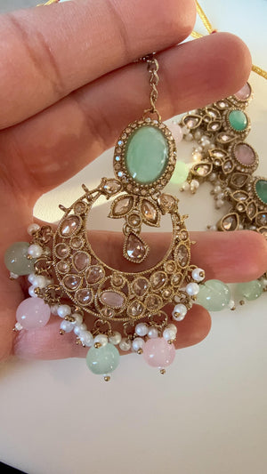 Antique Mint Pink kundan Polki Kundan necklace Set Chandbali and Tikka /bridal necklace/Indian wedding jewelry/Bridal necklace set/