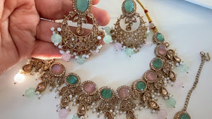 Antique Mint Pink kundan Polki Kundan necklace Set Chandbali and Tikka /bridal necklace/Indian wedding jewelry/Bridal necklace set/
