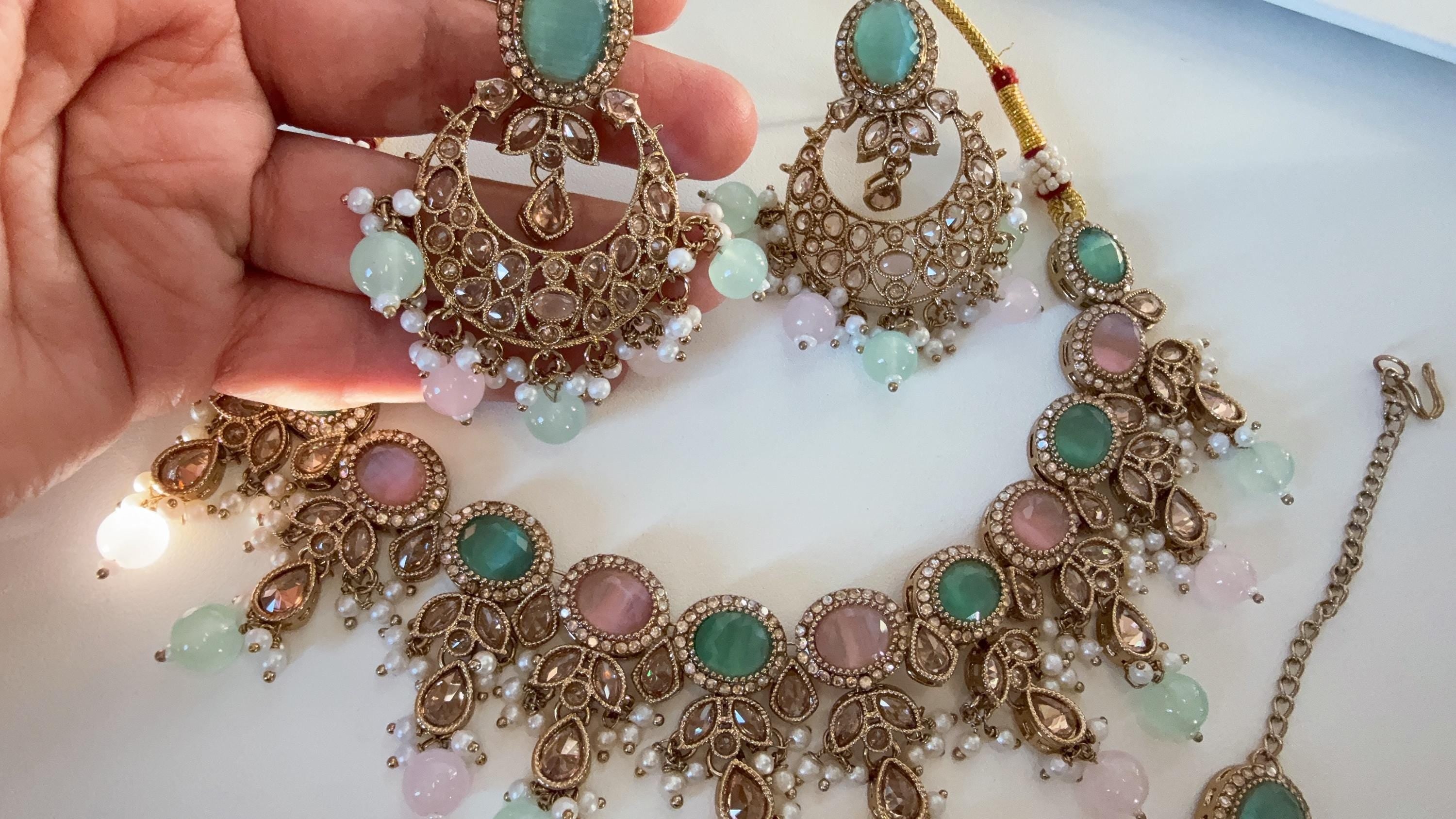 Antique Mint Pink kundan Polki Kundan necklace Set Chandbali and Tikka /bridal necklace/Indian wedding jewelry/Bridal necklace set/