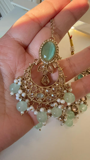 Antique Mint kundan Polki Kundan necklace Set Chandbali and Tikka /bridal necklace/Indian wedding jewelry/Bridal necklace set/