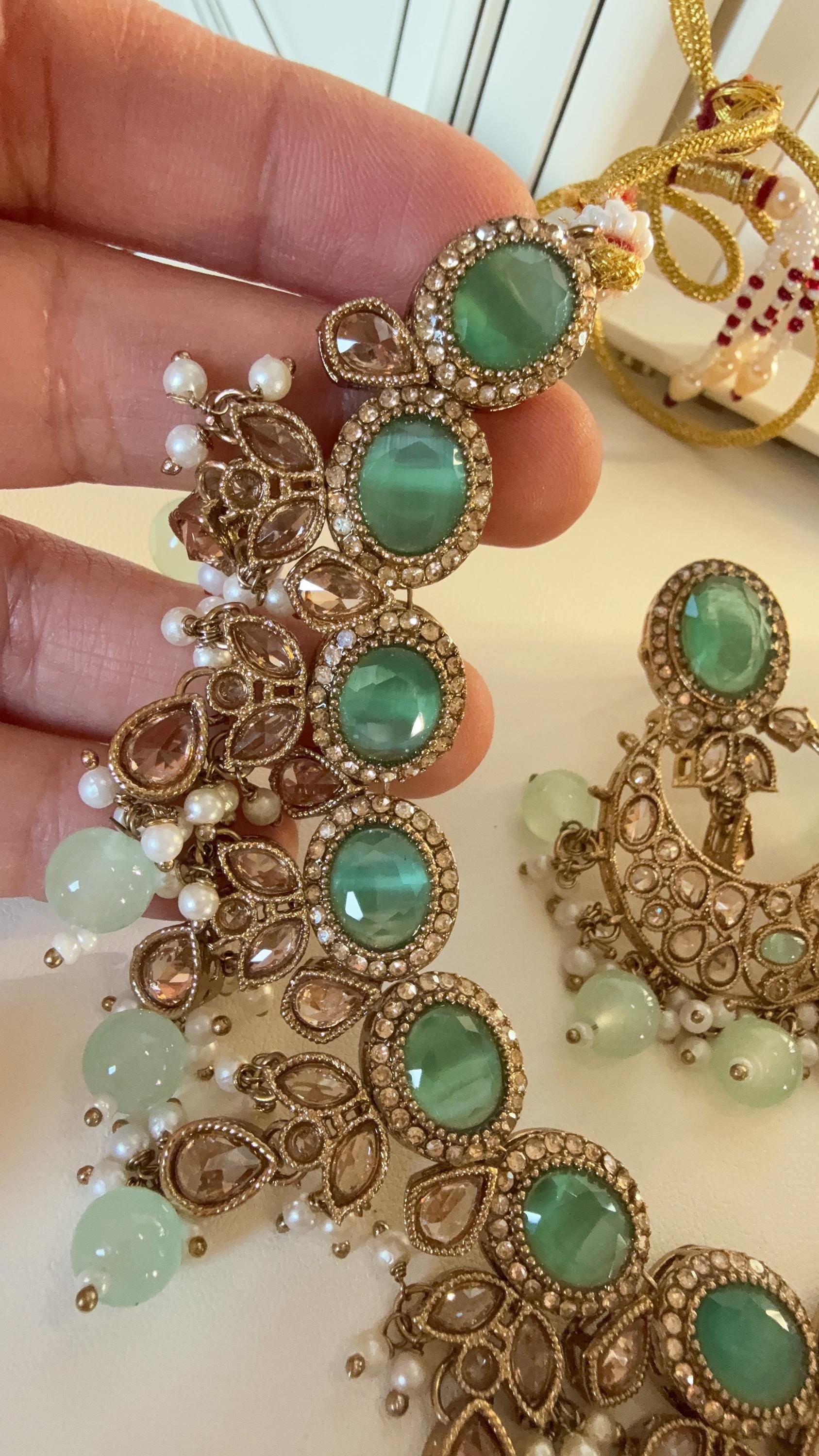 Antique Mint kundan Polki Kundan necklace Set Chandbali and Tikka /bridal necklace/Indian wedding jewelry/Bridal necklace set/