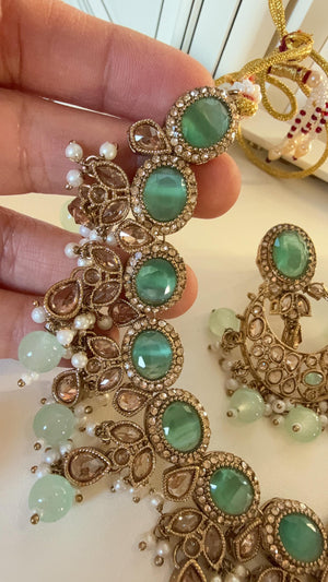 Antique Mint kundan Polki Kundan necklace Set Chandbali and Tikka /bridal necklace/Indian wedding jewelry/Bridal necklace set/