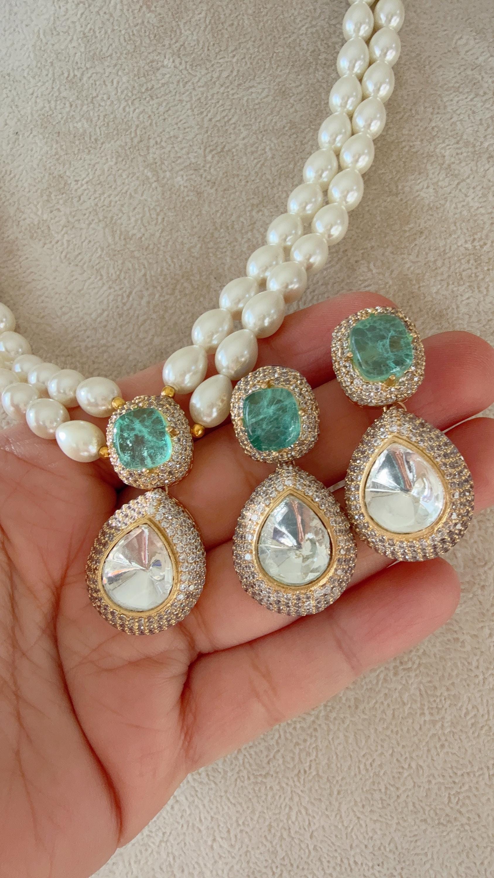 Gold Finish Emerald Stone & Pearl Long Necklace Set/Moissanite Kundan Mala green Necklace Set/Sabyasachi Inspired Moissanite necklace set