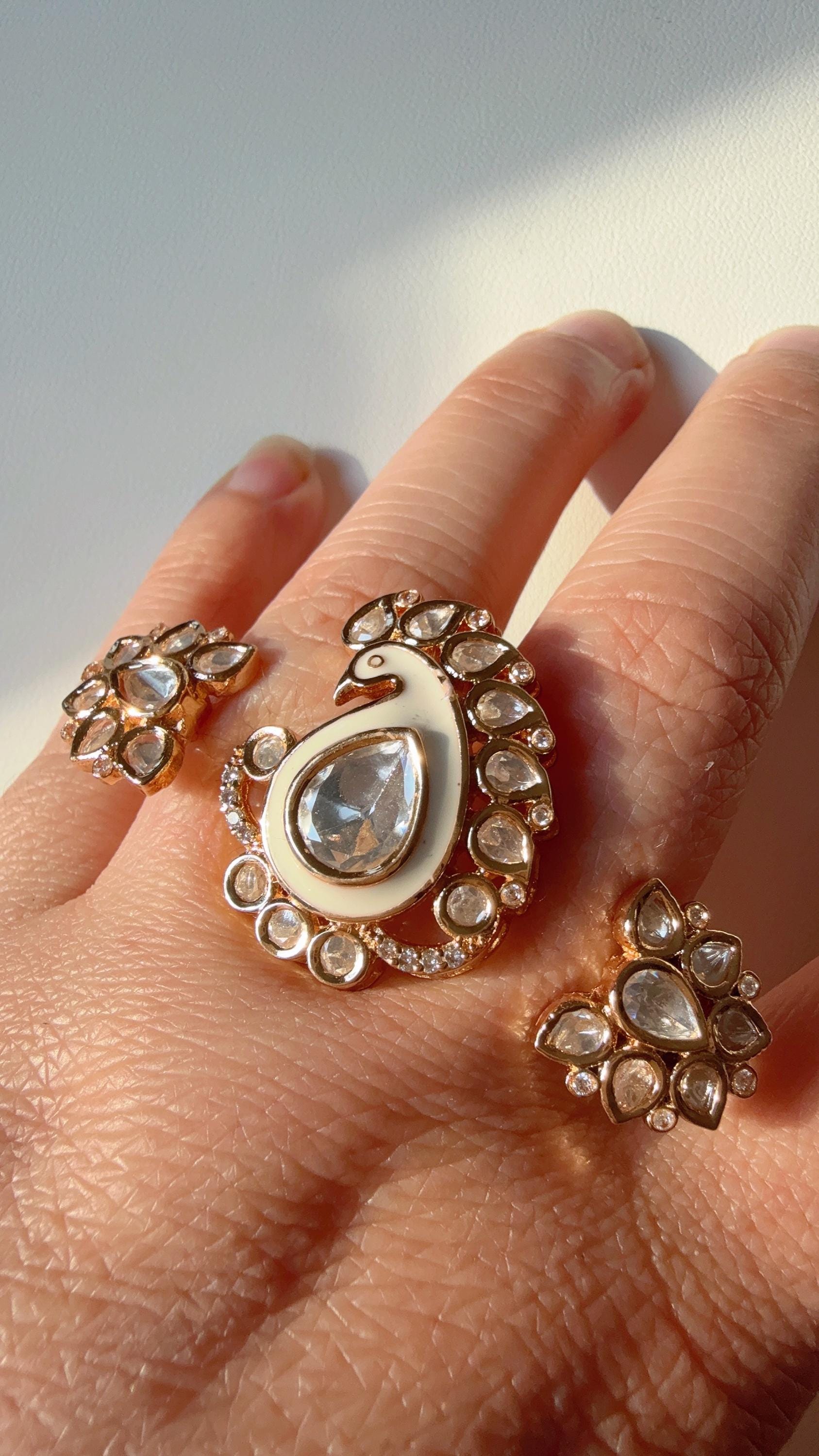 Bridal Kundan Moissanite Meenakari peacock Ring/Gold bridal Ring/Double Finger Kundan Statement Ring /Two Finger Kundan ring