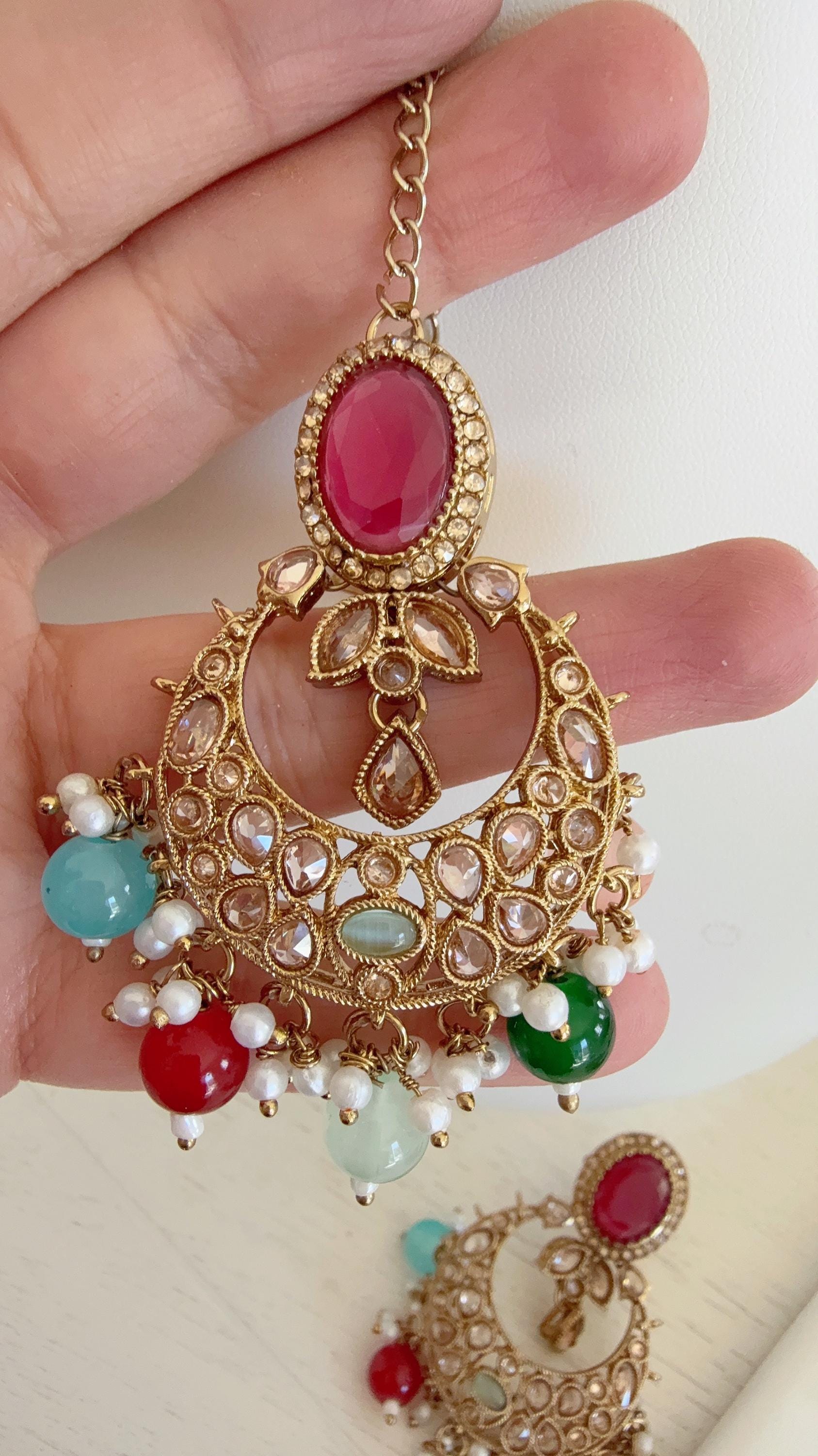 Antique Multi color kundan Polki Kundan necklace Set Chandbali and Tikka /bridal necklace/Indian wedding jewelry/Bridal necklace set/