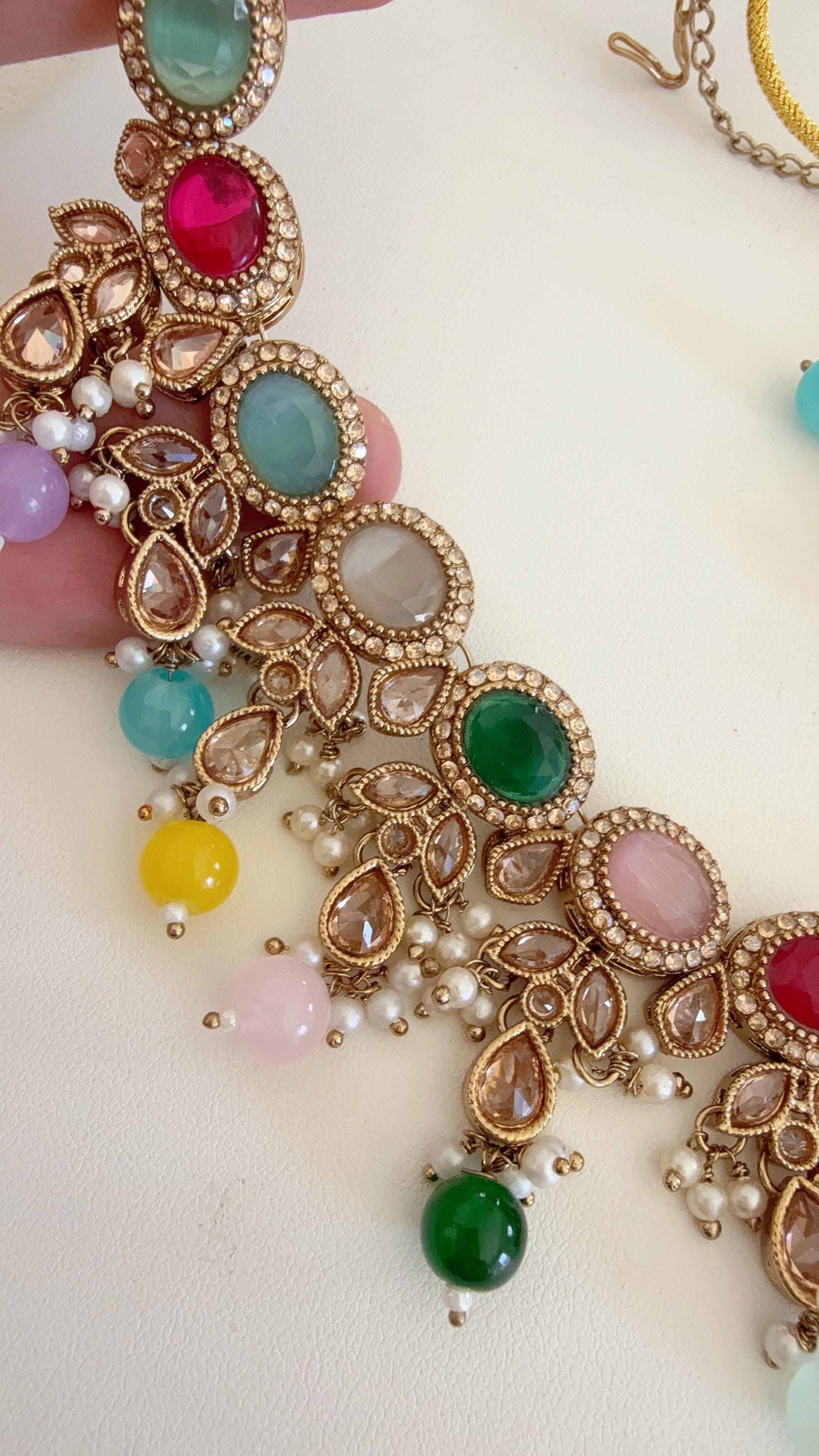 Antique Multi color kundan Polki Kundan necklace Set Chandbali and Tikka /bridal necklace/Indian wedding jewelry/Bridal necklace set/