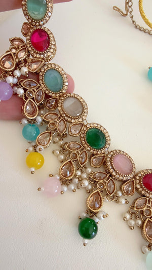 Antique Multi color kundan Polki Kundan necklace Set Chandbali and Tikka /bridal necklace/Indian wedding jewelry/Bridal necklace set/
