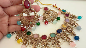 Antique Multi color kundan Polki Kundan necklace Set Chandbali and Tikka /bridal necklace/Indian wedding jewelry/Bridal necklace set/