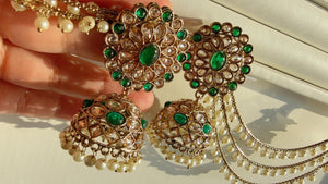 Antique polki Kundan bahubali Green Earrings Set With detachable Earchain Sahare / Green Jhumka Polki Earrings / Indian Jewelry