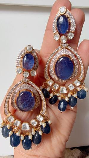 Blue Sapphire Doublet Stone Moissanite kundan Earrings/Elegant Statement Jewelry/ Finish Moissanite Polki Earrings/Bridal Diamond earrings