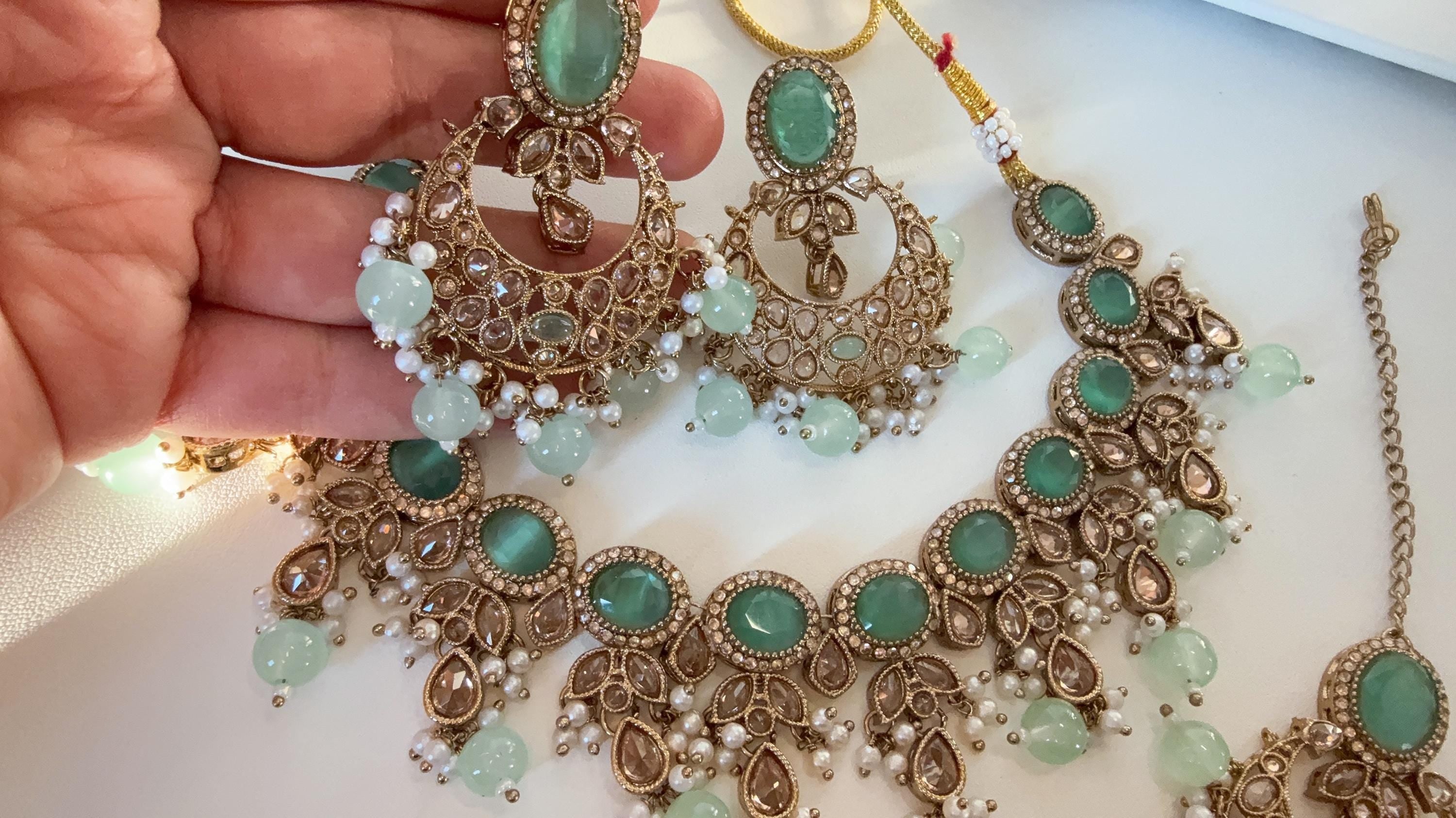 Antique Mint kundan Polki Kundan necklace Set Chandbali and Tikka /bridal necklace/Indian wedding jewelry/Bridal necklace set/