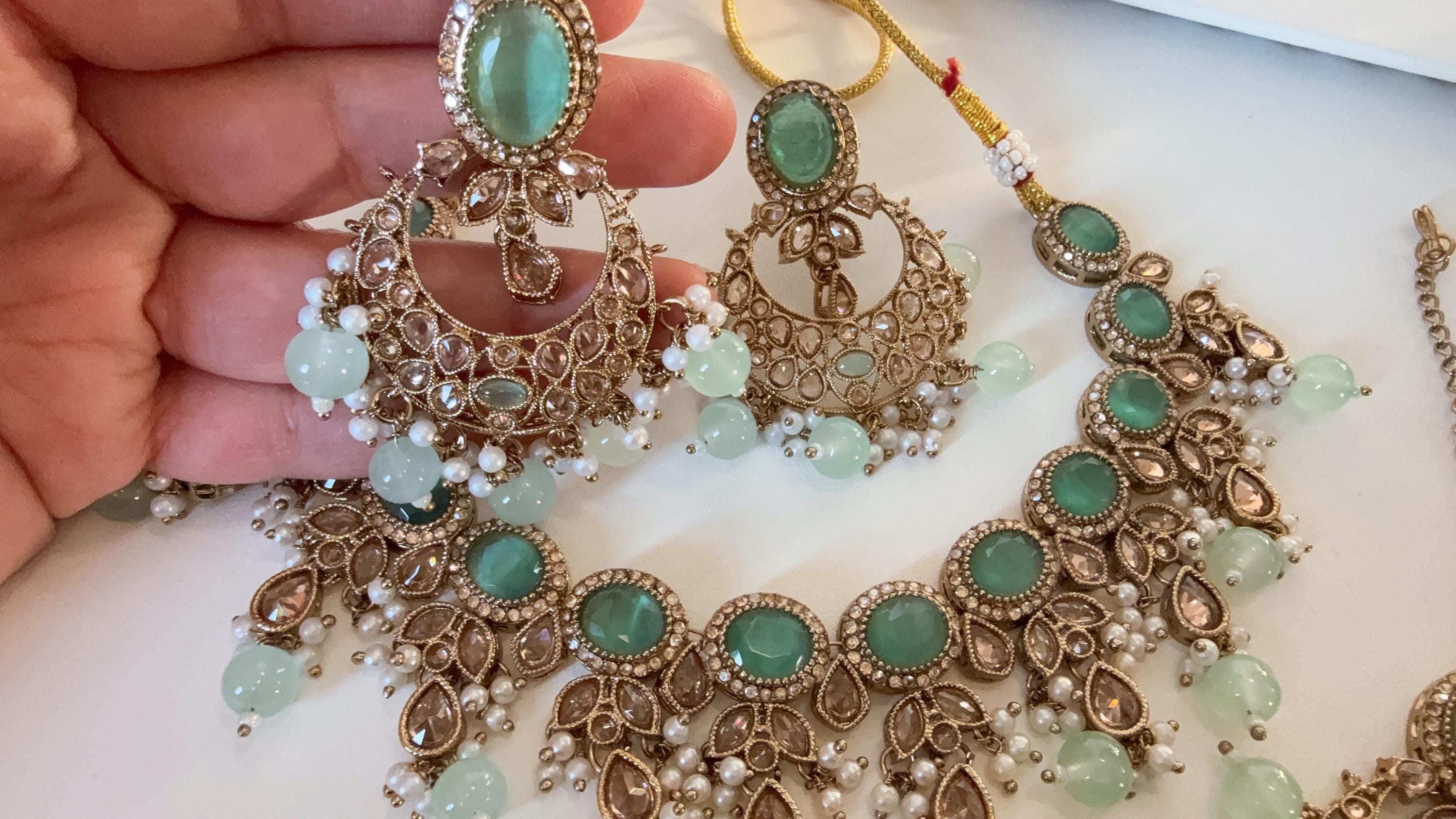 Antique Mint kundan Polki Kundan necklace Set Chandbali and Tikka /bridal necklace/Indian wedding jewelry/Bridal necklace set/