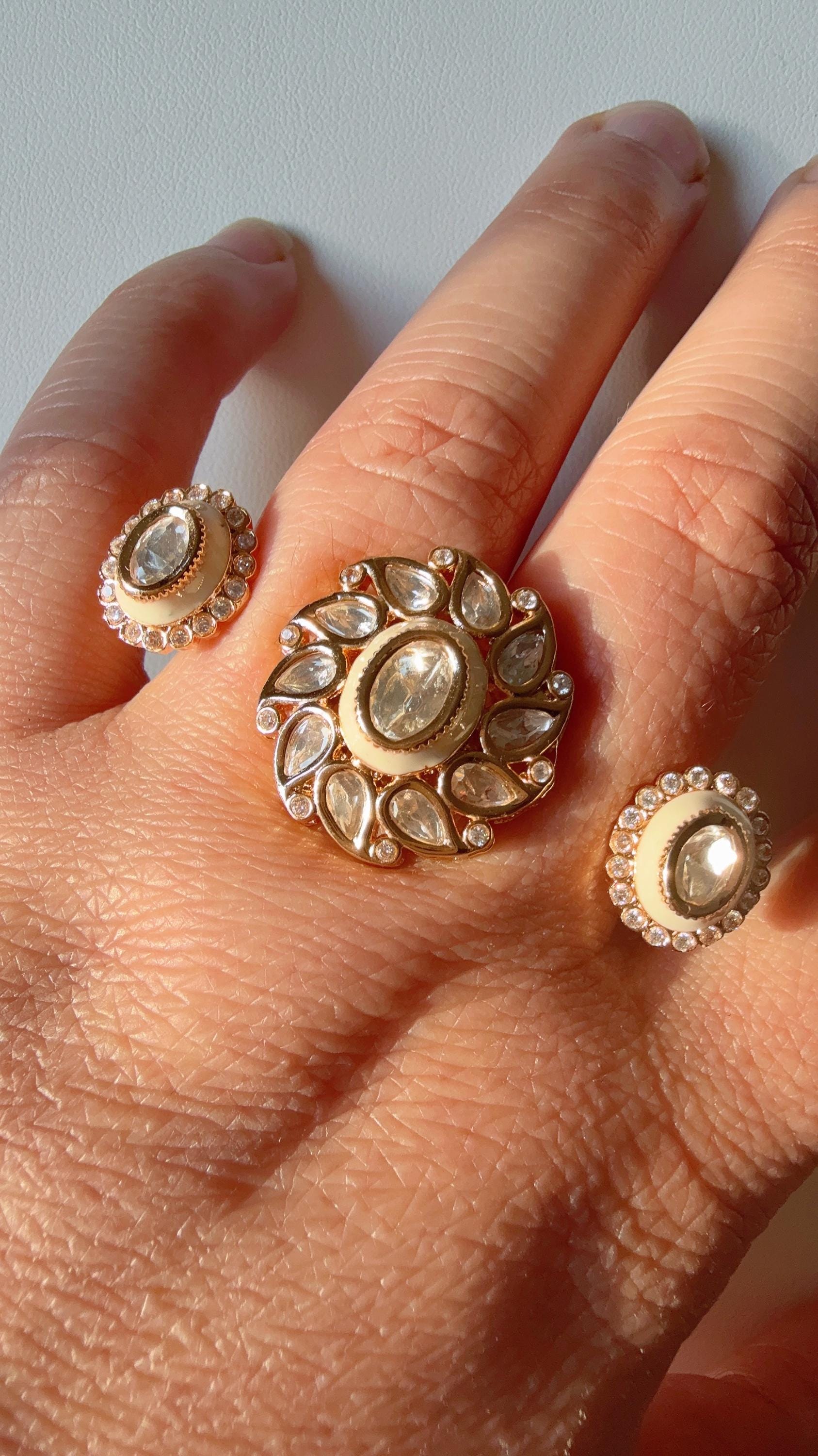 Bridal Kundan Moissanite Meenakari Ring/Gold bridal Ring/Double Finger Kundan Statement Ring /Two Finger Kundan ring