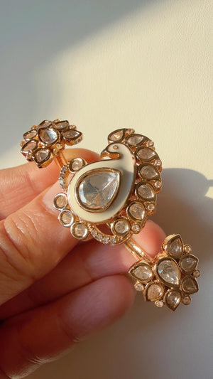 Bridal Kundan Moissanite Meenakari peacock Ring/Gold bridal Ring/Double Finger Kundan Statement Ring /Two Finger Kundan ring