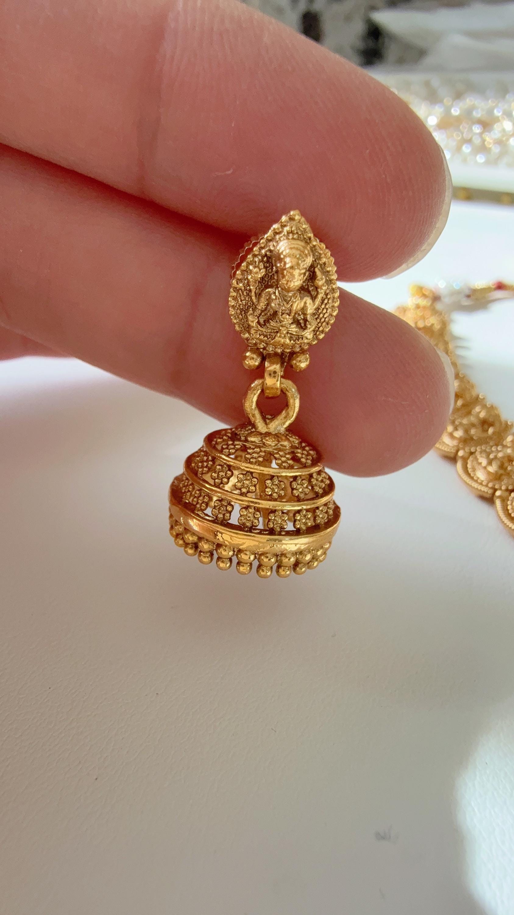 Antique Gold Necklace with small jhumki /Indian wedding jewelry/South Indian Jewelry/Wedding necklace/Temple Jewelry