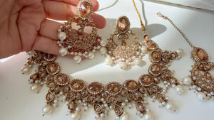 Antique gold kundan Polki Kundan necklace Set Chandbali and Tikka /bridal necklace/Indian wedding jewelry/Bridal necklace set/