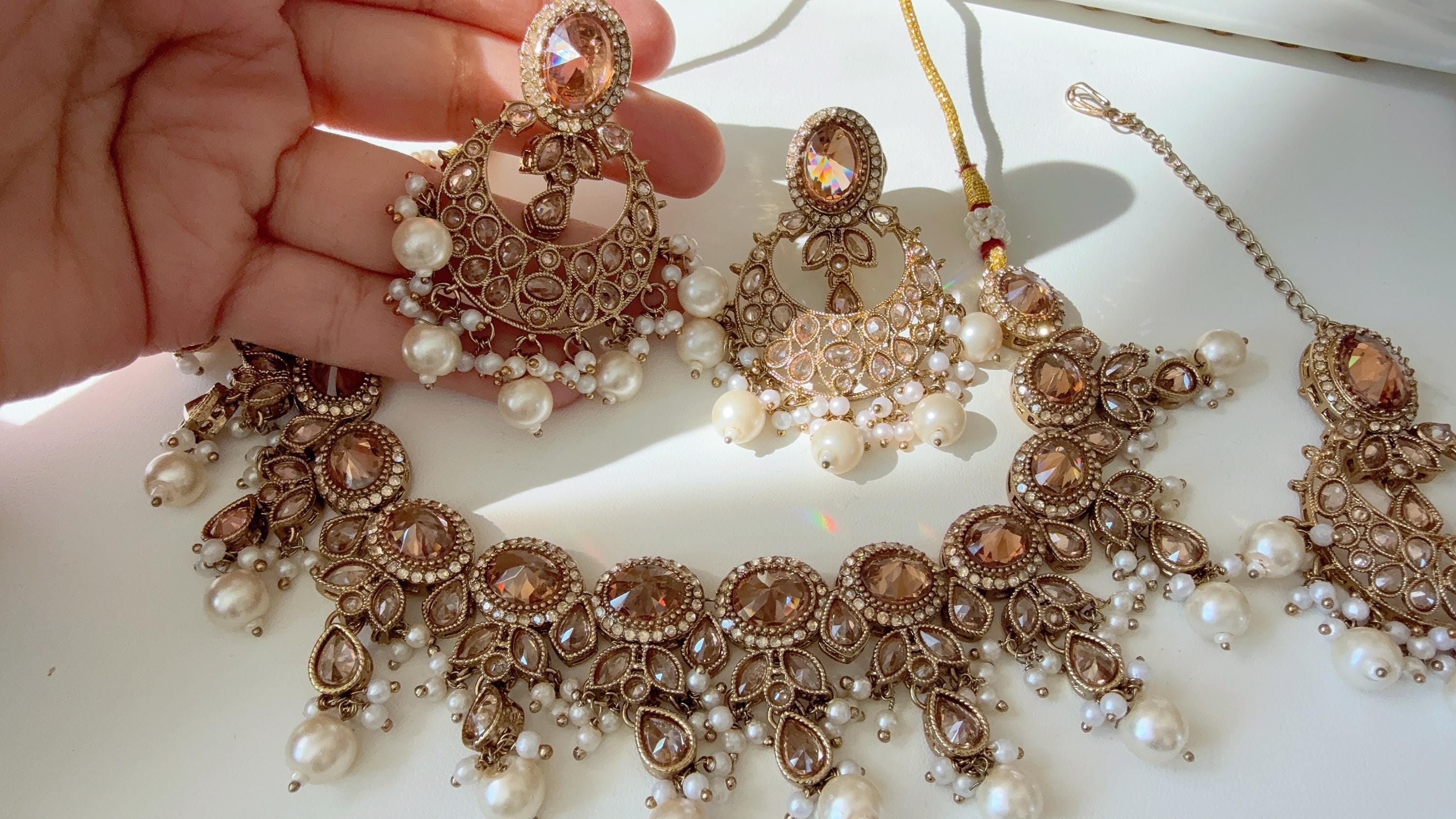 Antique gold kundan Polki Kundan necklace Set Chandbali and Tikka /bridal necklace/Indian wedding jewelry/Bridal necklace set/