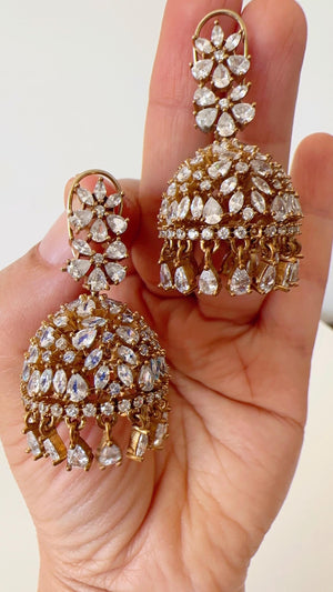 2 Tone gold Luminous diamond jhumka Earrings next to real/ Indian Jewelry Indian Earrings/American Diamond jhumka/CZ Earrings/