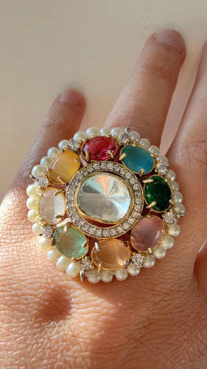 Kundan Navratan cocktail Ring/Adjustable Ring/ Indian Ring/ Indian Jewelry/Indian Wedding jewelry/Multi Color Navratan Stone Kundan Ring