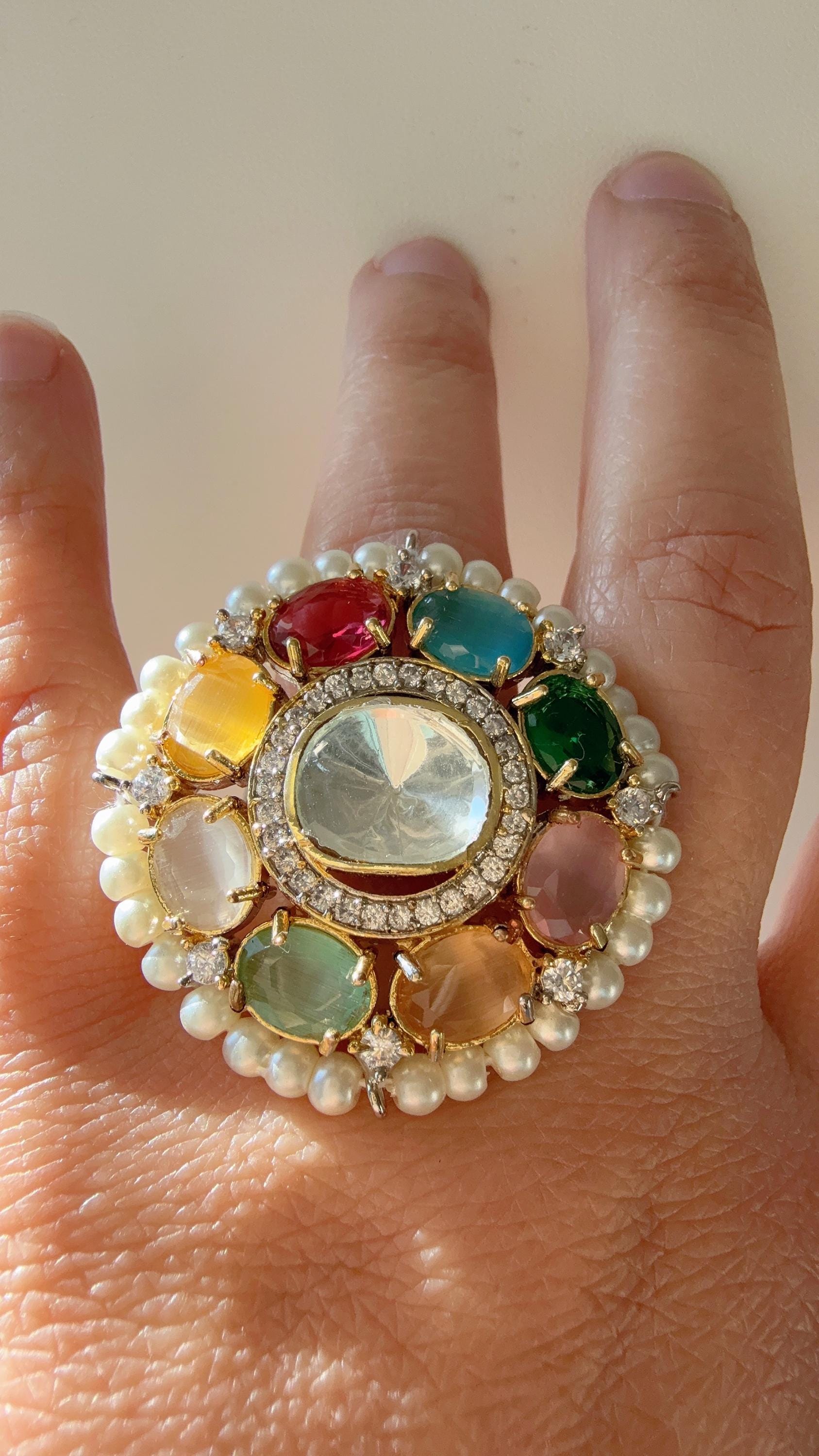 Kundan Navratan cocktail Ring/Adjustable Ring/ Indian Ring/ Indian Jewelry/Indian Wedding jewelry/Multi Color Navratan Stone Kundan Ring