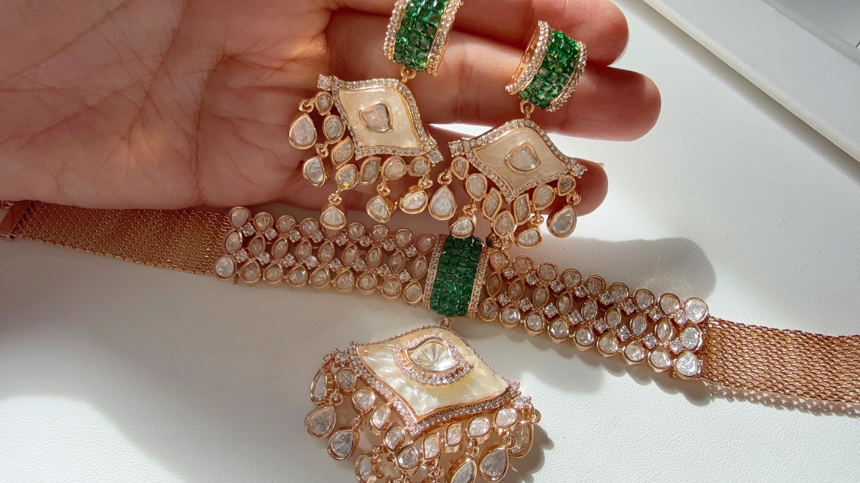 Semi Bridal Mother of pearl Moissanite choker necklace Set/Kundan Moissanite Necklace/ Indian Bridal Jewelry/Kundan Wedding Jewelry