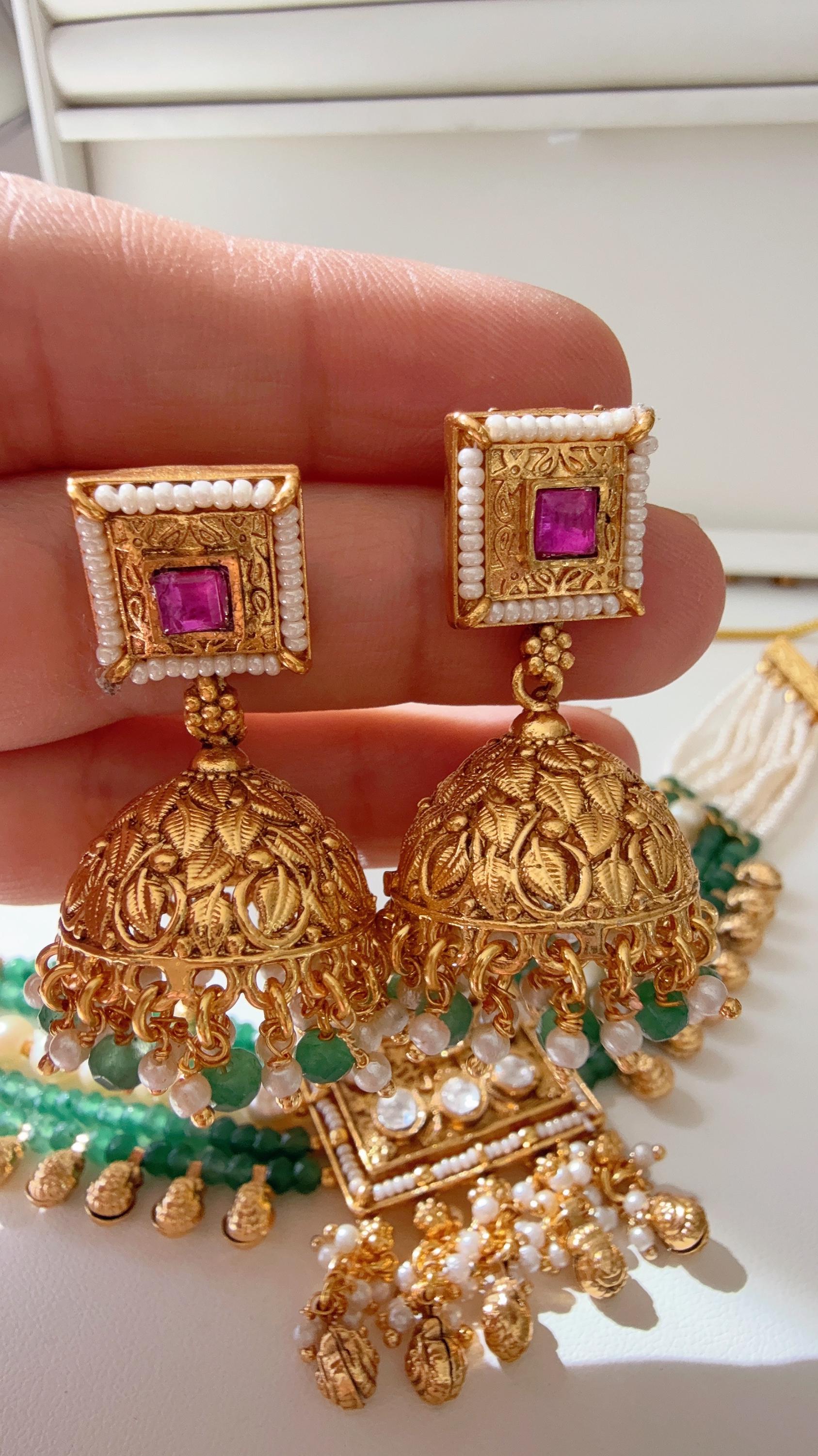 Traditiona lKundan Polki choker with jhumka /Rajwadi finish green Choker Necklace /Temple jewelry/Indian jewelry/Indian Wedding jewelry
