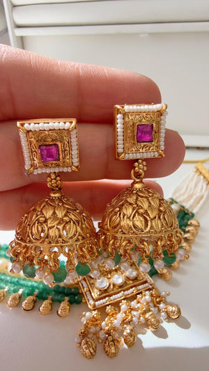 Traditiona lKundan Polki choker with jhumka /Rajwadi finish green Choker Necklace /Temple jewelry/Indian jewelry/Indian Wedding jewelry