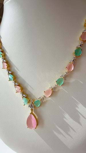 Gold single line simple elegant Mint pink diamond necklace /Indian jewelry/ CZ Choker/Diamond jewelry/ Indian Necklace/ diamond necklace