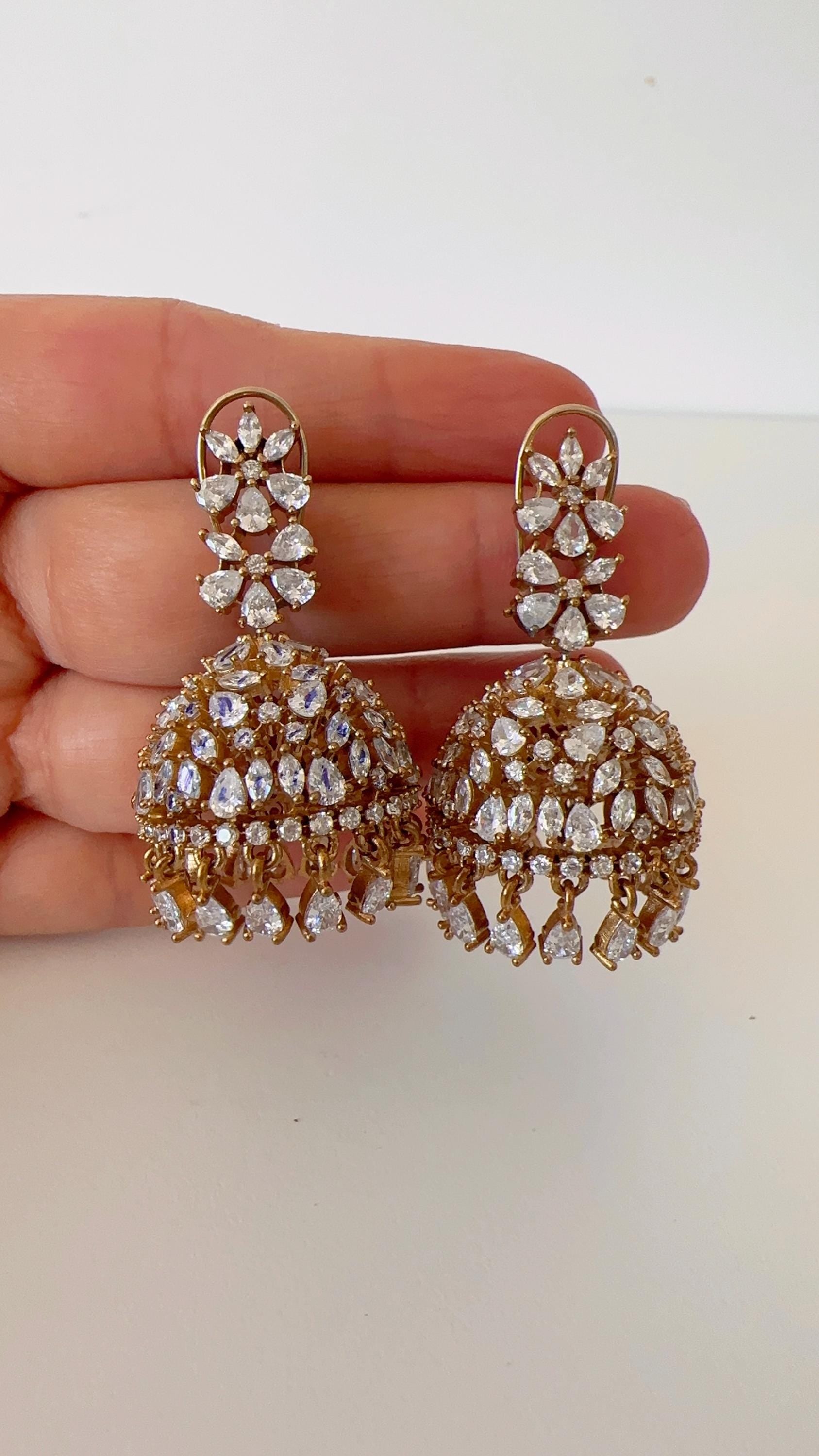 2 Tone gold Luminous diamond jhumka Earrings next to real/ Indian Jewelry Indian Earrings/American Diamond jhumka/CZ Earrings/